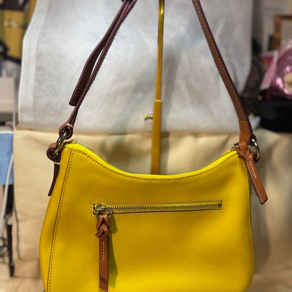 Dooney & Bourke Yellow Patent Leather Shoulder Bag Brown purple strap Kiley - Picture 16 of 16